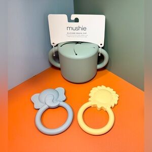 MUSHIE Baby Bundle - Silicone Snack Cup + Elephant & Lion Teethers - NEW!